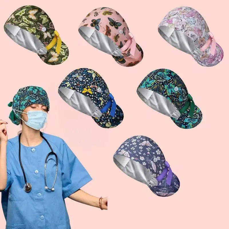 6pcs Satin Lined Scrub Caps Women Nurse Surgical Hat with Buttons Ponytail Working Adjustable Shower Caps Tie Back Sufficient Quantity for Repeated Use