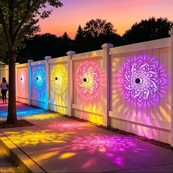 4-Pack Sturdy Metal RGB Solar Mandala Projector Wall Lamps, Waterproof Fence Lights with Artistic Glow, Solar Outdoor Lights for Garden Halloween Decor, LED Outdoor Lighting