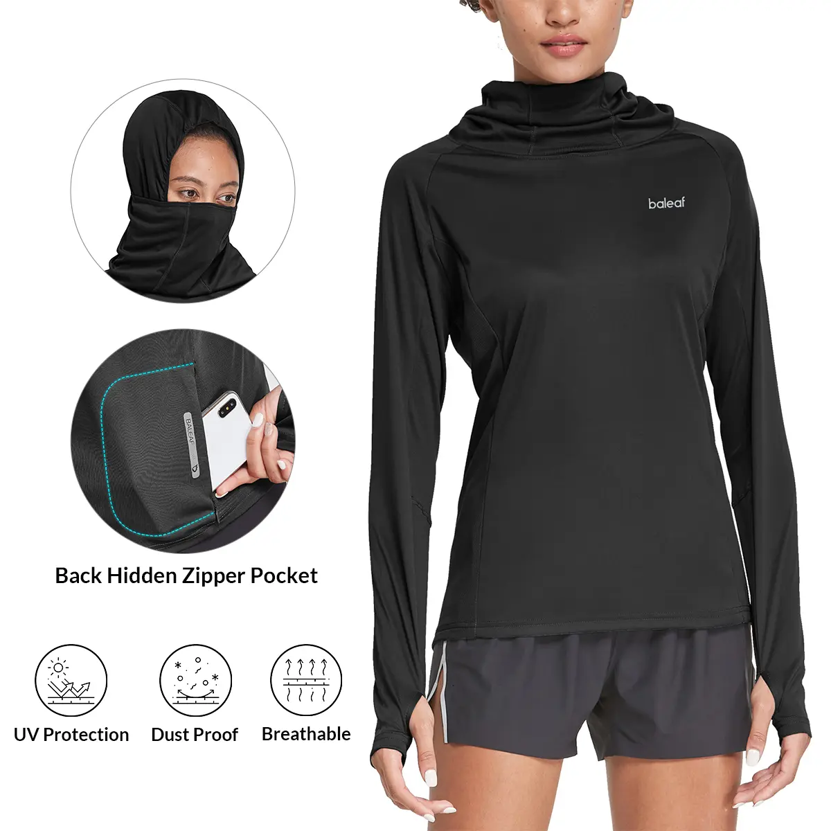 Baleaf 2025 Women's UPF 50+ Sun Protection Hoodie with Face Mask, Neck Gaiter, Long Sleeves & Thumbholes - Lightweight Sporty Rashguards for Hiking, Light Outdoor Activities