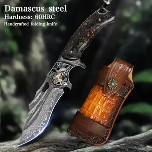 High-quality handmade large Damascus steel folding pocket knife with leather sheath and pocket clip, men’s small blade, carbon fiber non-slip handle, suitable for mountaineering, camping, hiking, travel, and fishing.