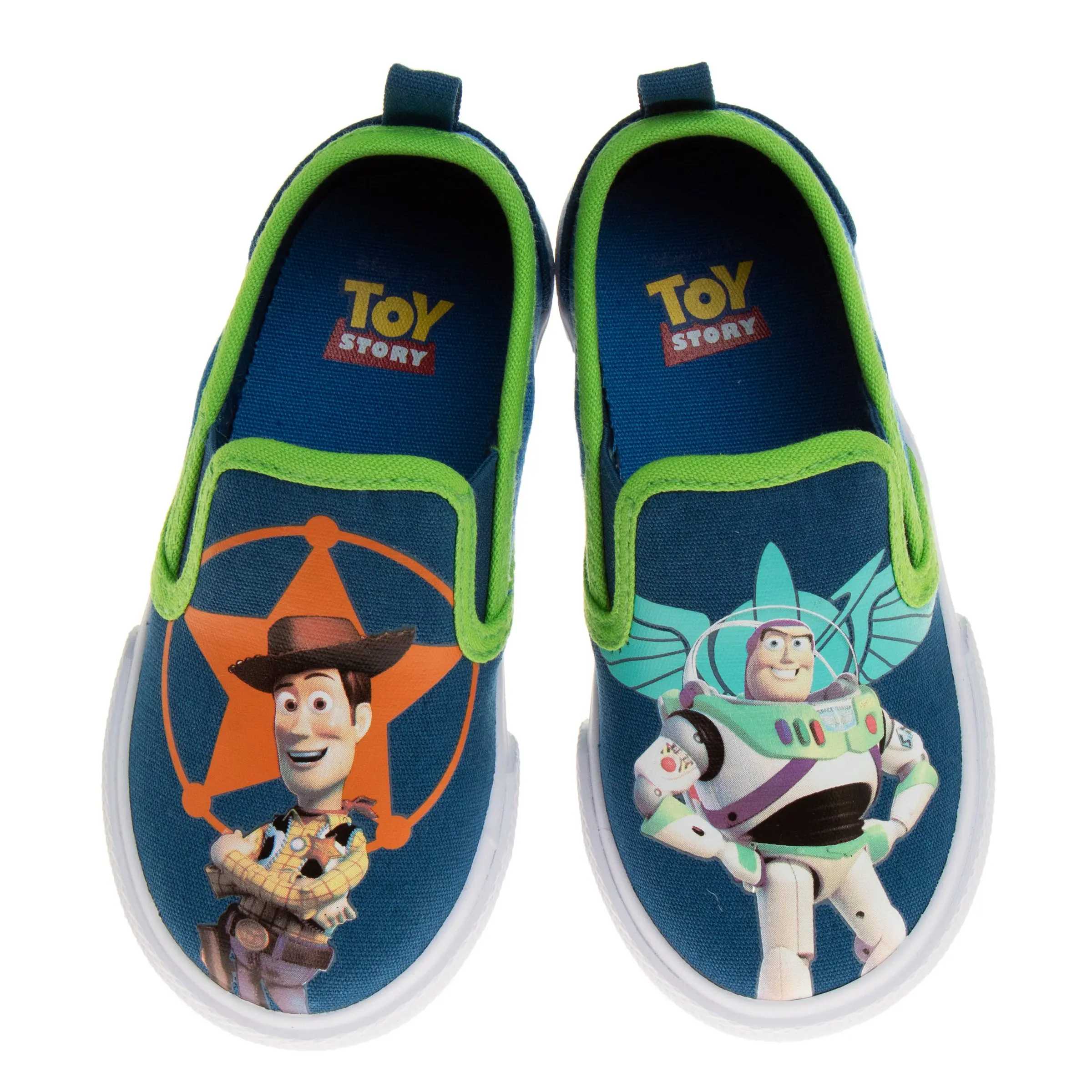 Josmo Boys' Toy Story Cartoon Print No-Lace Low-Top Canvas Slip-On Sneakers - Buzz Lightyear, Sheriff Woody Designs, Toddler Size 5-12, Elastic Closure, Cushioned Footwear, Cartoon Print Shoes, Classic