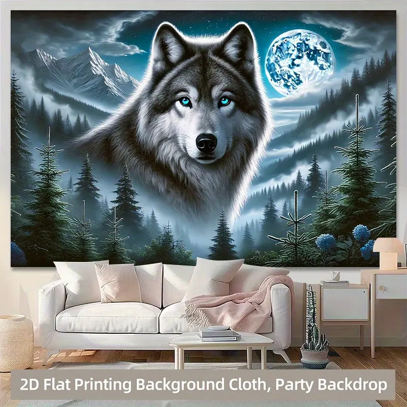 Premium Polyester Tapestry Wall Mural - Classic Watercolour Animals, Moon and Wolf Retro Design, Multi-functional Decoration for Family Living Rooms, Bachelorette Party Use, Outdoor Home Decor Supplies
