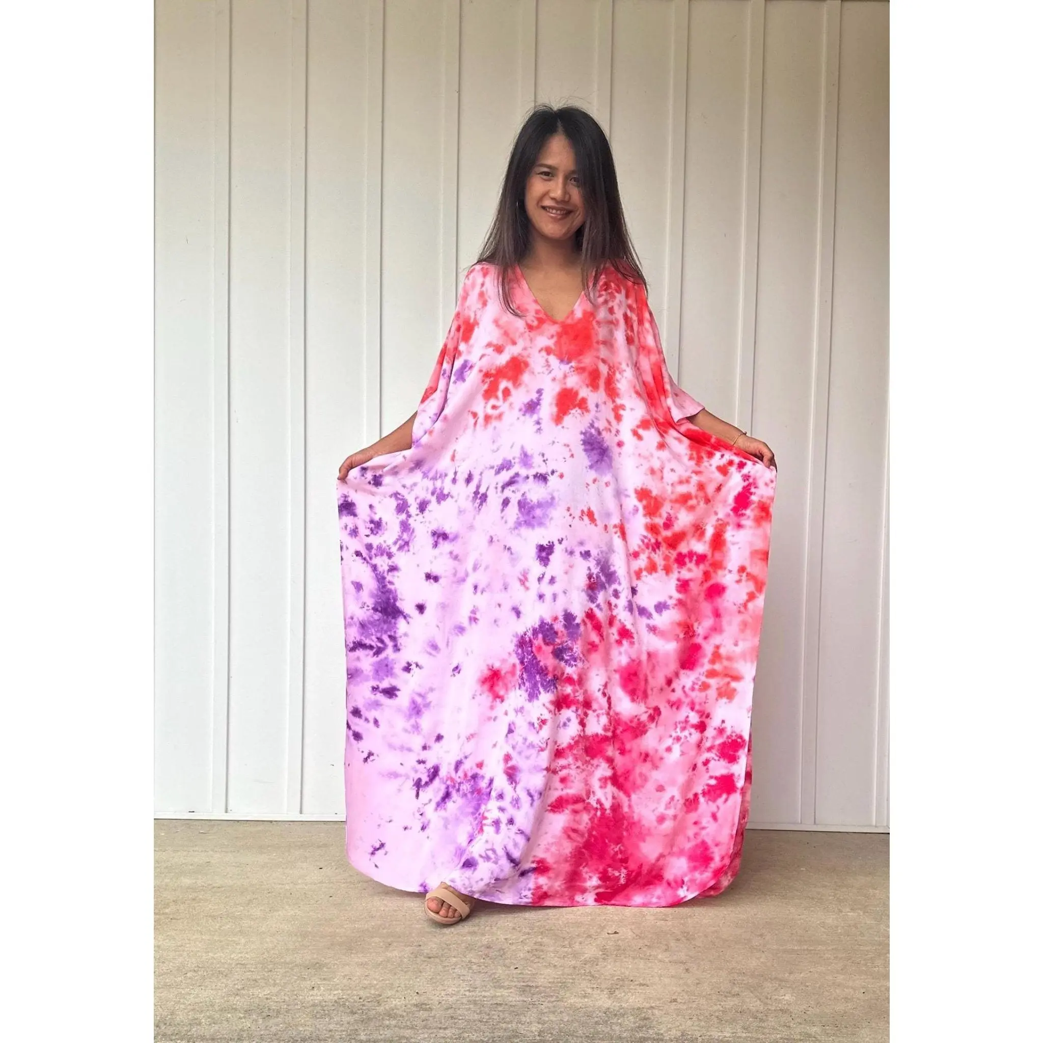 Women's Flowy Tie-Dye Kaftan | Hand-Dyed Boho V-Neck Beach Cover-Up in Pink & Purple Rainbow for Festivals, Casual Wear