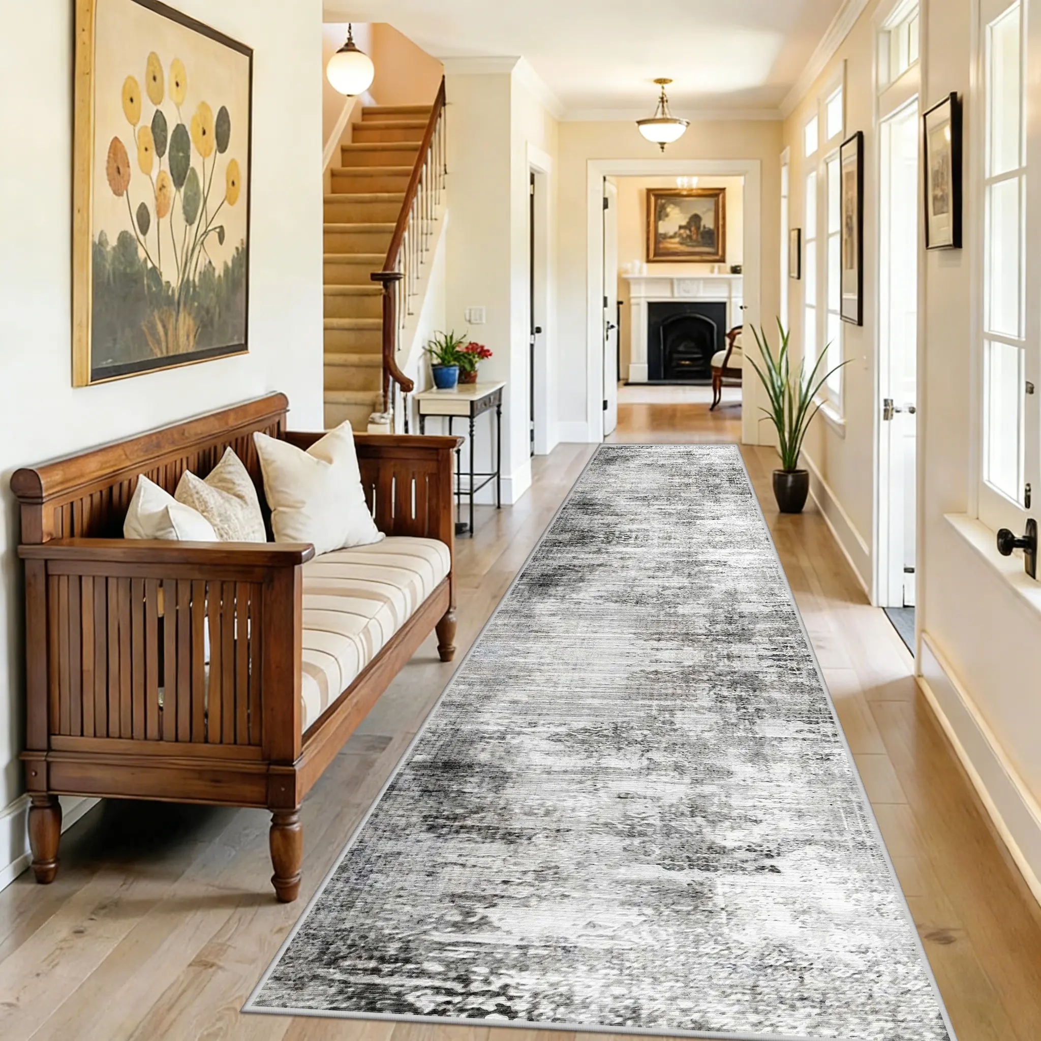 Modern Abstract Runner Rug - Art-Inspired, Comfy, Durable Fabric Machine Washable Rug Runner, Soft Printed Polyester Surface, Non-Slip for Long Hallways, Kitchen, Abstract Rug Runners