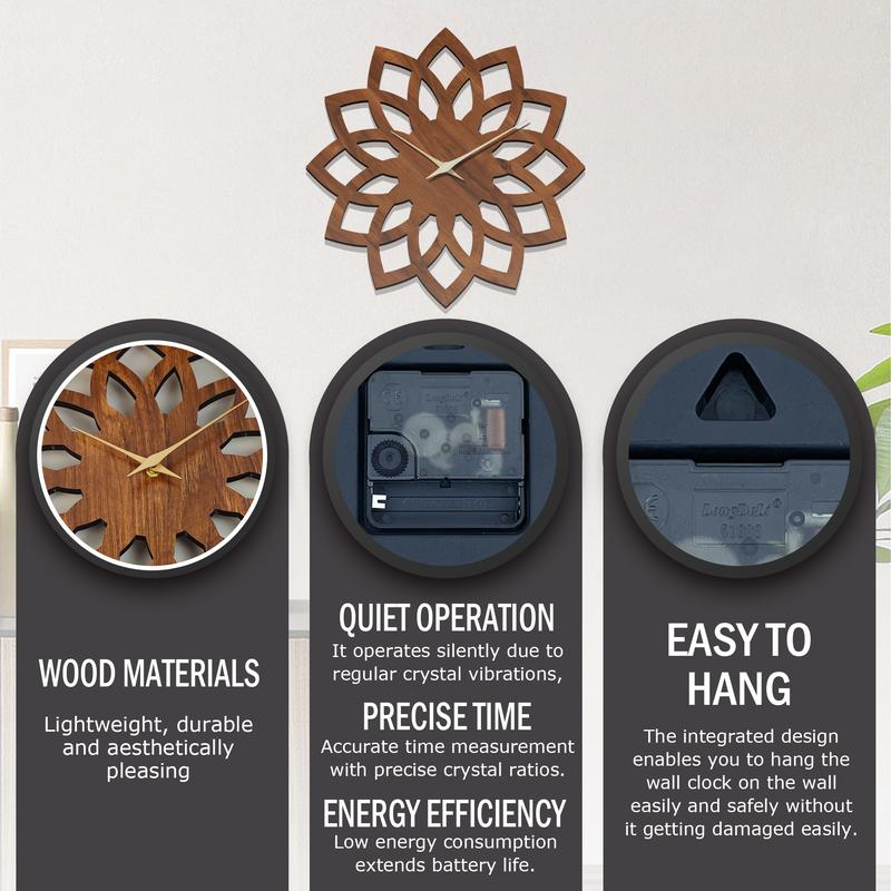 Carved flower shaped wooden wall clock, 16 inch walnut texture unique shaped quartz clock, silent non-ticking battery power supply, thickened 9mm thickness, suitable for living room, bedroom, office decoration