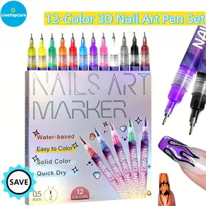 GIFT for Women, Girls, Mom, Wife! 12-Color 3D Nail Art Pen Set, 0.5mm Fine Tip Dotting & Liner Brushes. DIY Manicure Decoration Tools – Professional Kit for Beginners & Artists