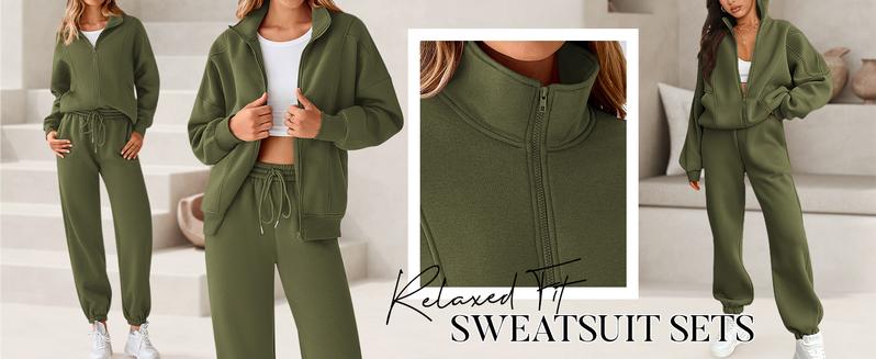 BTFBM Women's Fleece 2-Piece Set - Long Sleeve Zip Up Sweatshirt and Sweatpants for Fall and Winter Casual Matching Outfits - Overalls, Womenswear