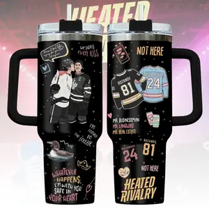 Romantic Hockey Tumbler 40oz, Bookish Love Tumbler with Handle, Heated Rivalry Stainless Steel Tumbler, Hockey Book Gift
