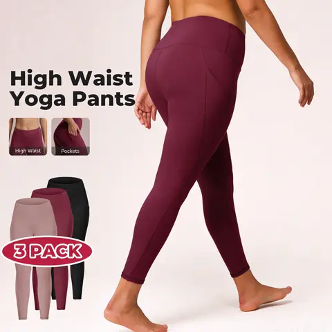 SHOWITTY Plus Size 3 Pack Womens High Waisted Yoga Pants with Pockets – Stretchy Leggings