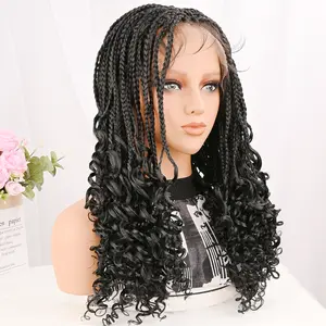 18 Inch Full Lace Braided Wigs With Curly Ends 150% Density Synthetic Hair Knotless Box Braids Wig With Baby Hair Boho Braided Lace Wig For Women Summer Daily Party Christmas Wear