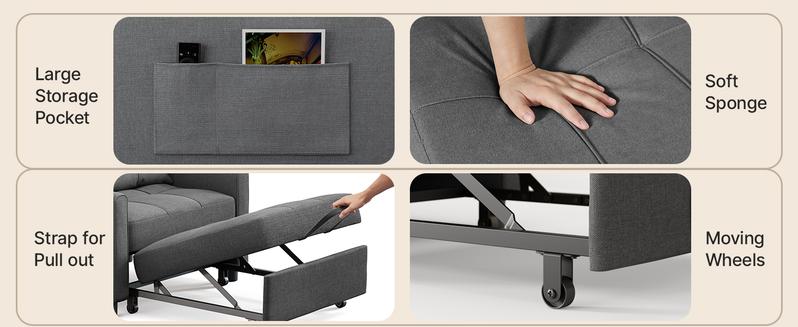 Gizoon Convertible Sofa Bed, 3-in-1 Multi-Functional Sleeper Chair Bed, Adjustable Backrest Recliner with Modern Linen Fabric for Living Room, Bedroom, Apartment Furniture, Small Space