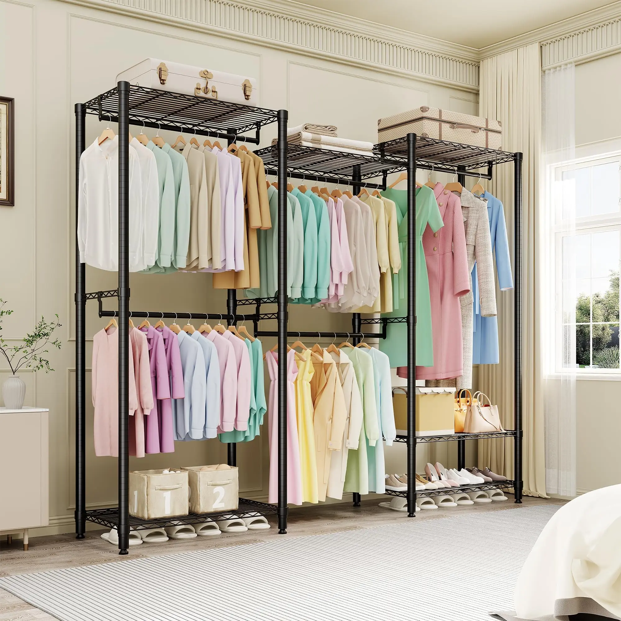 Garvee L-Shaped Carbon Steel Clothes Organiser - Heavy Duty Bedroom Clothing Stand with 8 Wire Shelves, 5 Hanging Rods, Adjustable Closet System, 1874 Lbs Capacity Portable Metal Wardrobe for Laundry Room, Powder Coated, Shoe Rack Organizer, Room Storage