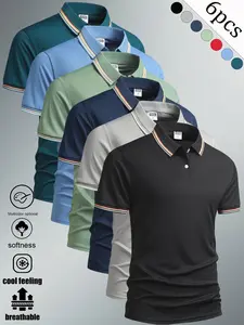 Men’s short-sleeve polo shirt pack of 6, striped collar for added style, classic turn-down collar design, suitable for everyday casual wear, business meetings, and more. Made from materials with good breathability and moisture absorption, ensuring a comfo