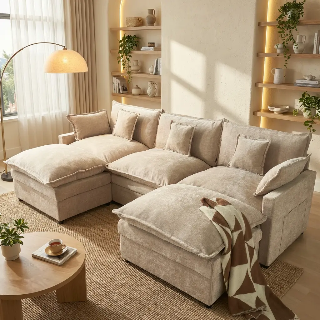 CAODOC 108" U-Shaped Modular Sectional Sofa - Camel Couch with 2 Movable Ottomans, Durable Solid Wood Frame, Comfy Deep-Seat Chenille Deep Seat Lounge, Storage Pockets, Pet-Friendly, L-Shape Convertible, Sofas Living Room, Multi-Package Shipping