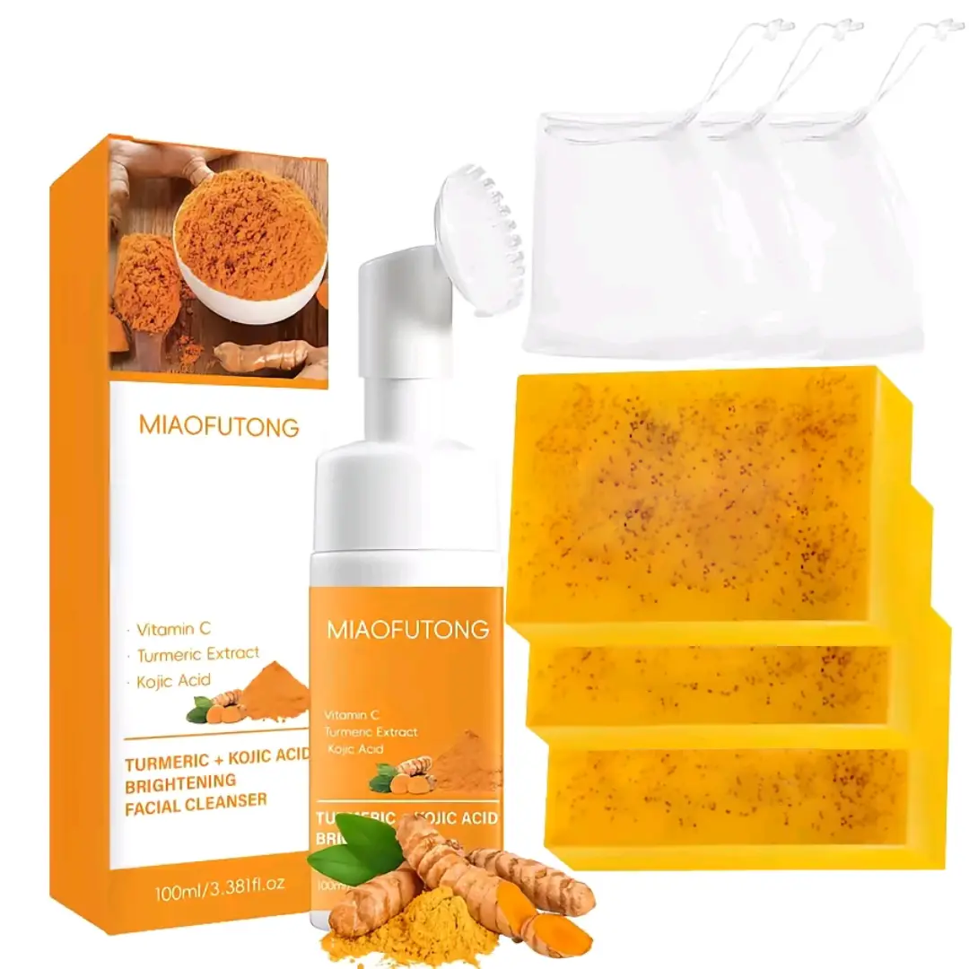 2-Piece Turmeric Skincare Kit - Gentle Cleanser, Quick Cleansing Mousse, Turmeric Soap, Kojic Soap, Lemon Facial Wash for All Skin Types, Daily Skincare Gift Set