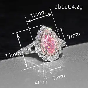 Water droplet pink diamond ring S925 silver plated 18K gold group set women's wedding proposal cute style women's jewelry, J202