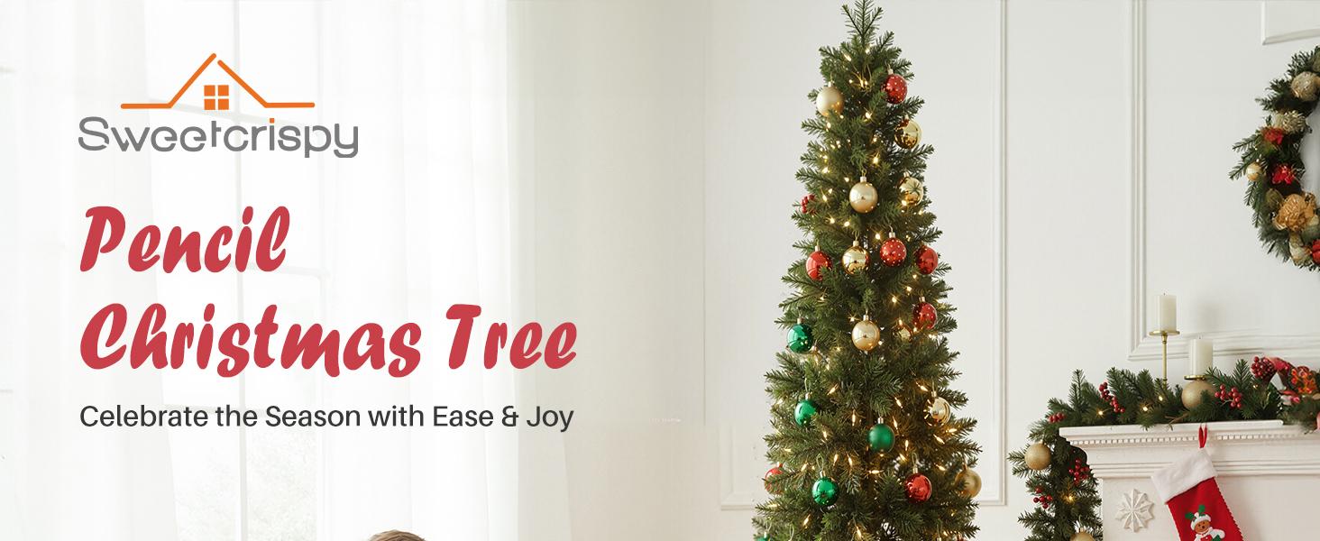 Pre-lit Pencil Christmas Tree, Green Artificial Spruce Slim Christmas Trees with 250 Incandescent Lights, 571 Branch Tips & Foldable Base for Home, Office, Party Decoration