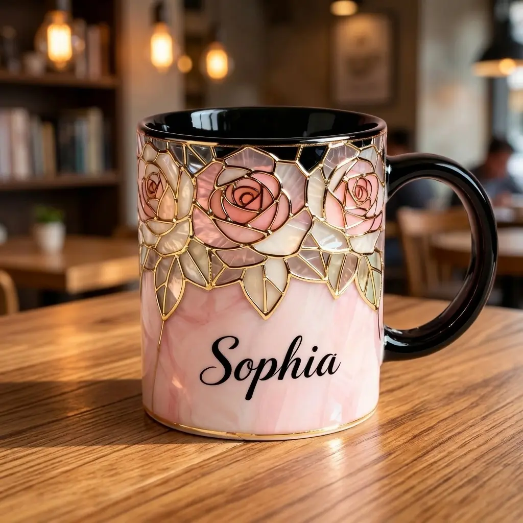 Personalized Pink Rose Flower Mug, 2D Printed 3D Effect Stained Glass Ceramic Coffee Cup with Gold Trim and Custom Name, Elegant Floral Mug for Mom Wife Grandma or Best Friend, Perfect Mother’s Day Birthday Anniversary Gift