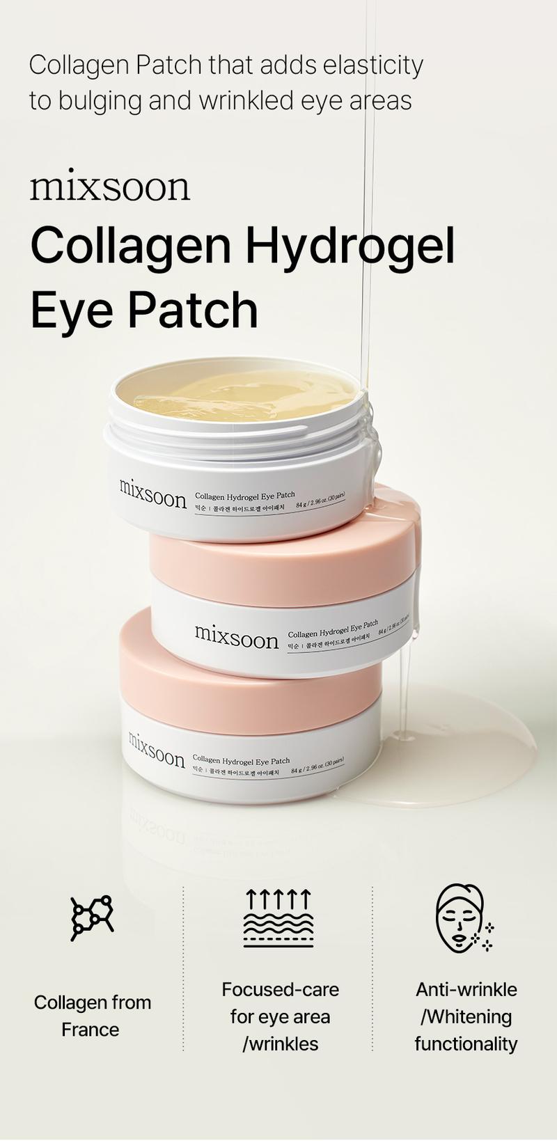 [mixsoon Official Shop] Collagen Hydrogel Eye Patch 30 pairs (60ea) - Collagen Patch that adds elasticity to bulging and wrinkled eye areas, Korean Skincare for Glass Skin