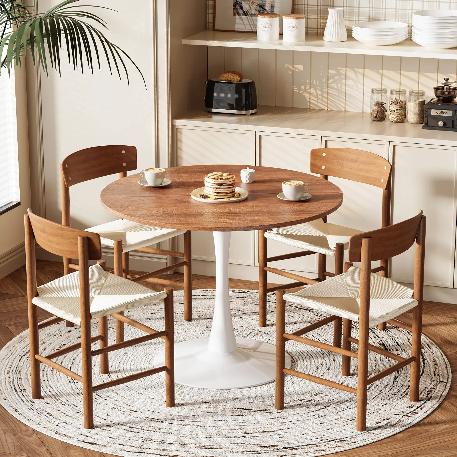 Mid-Century Modern Round Tulip Dining Table with Tulip Frame, 39.4" Dia., MDF-Metal Construction, Melamine-Laminated MDF Tabletop, Metal Pedestal Base, Easy-Assembly Indoor Kitchen Furniture for 4 (White & Walnut)