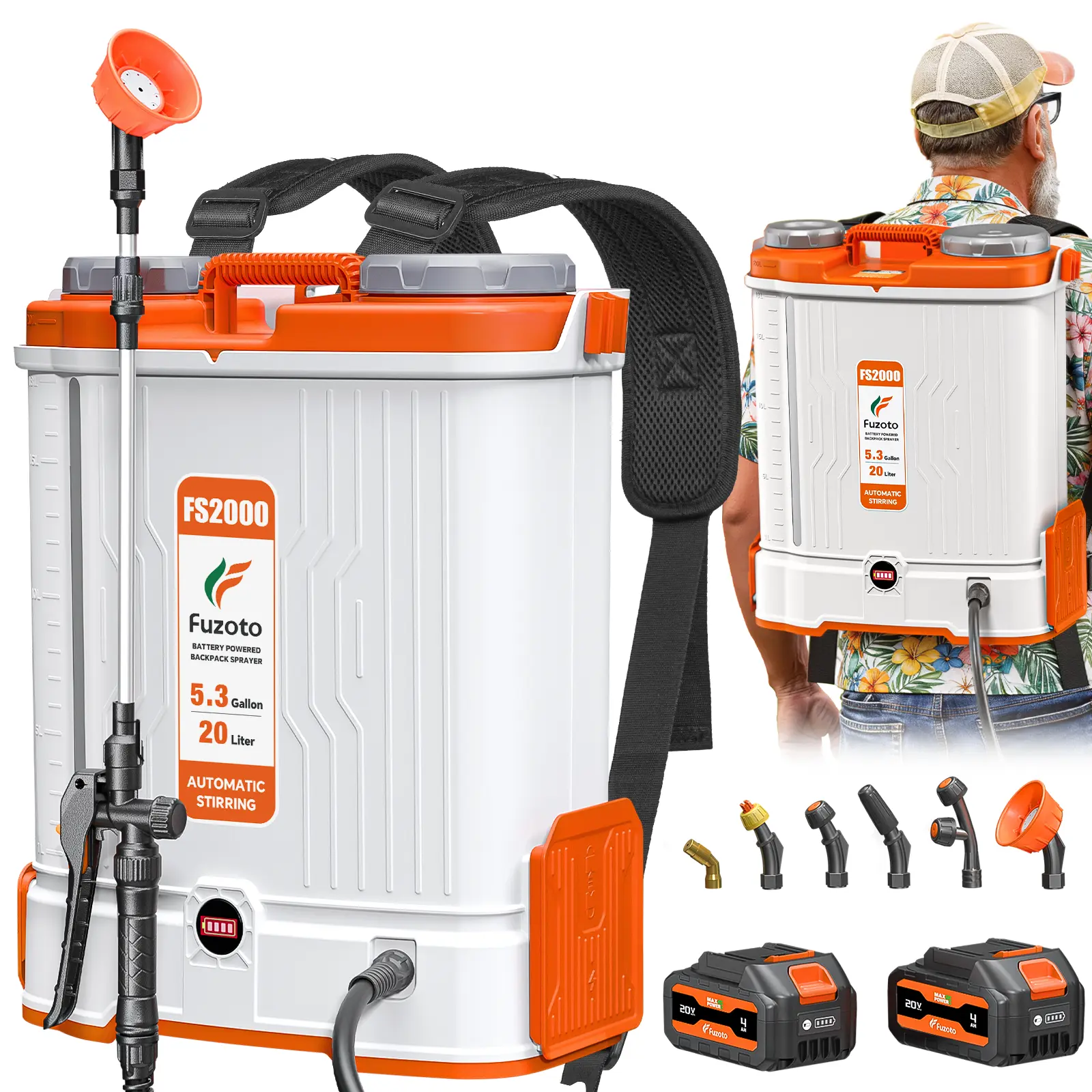5.3 Gallon Battery Powered Backpack Sprayer, 2 * 20V Large Capacity Battery & 45-90PSI Adjustable Pressure, Electric Backpack Garden Sprayer with 6 Spray Nozzles for Lawn, Garden, Yard