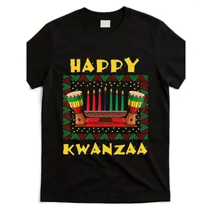 Happy Kwanzaa African Celebration T-Shirt - with Yellow Lettering & Seven Chimney Candles Design - Unisex Retro Cultural Apparel for Kwanzaa Festival - All-Season Fit - Adult Sizes - African Heritage Graphic Tee