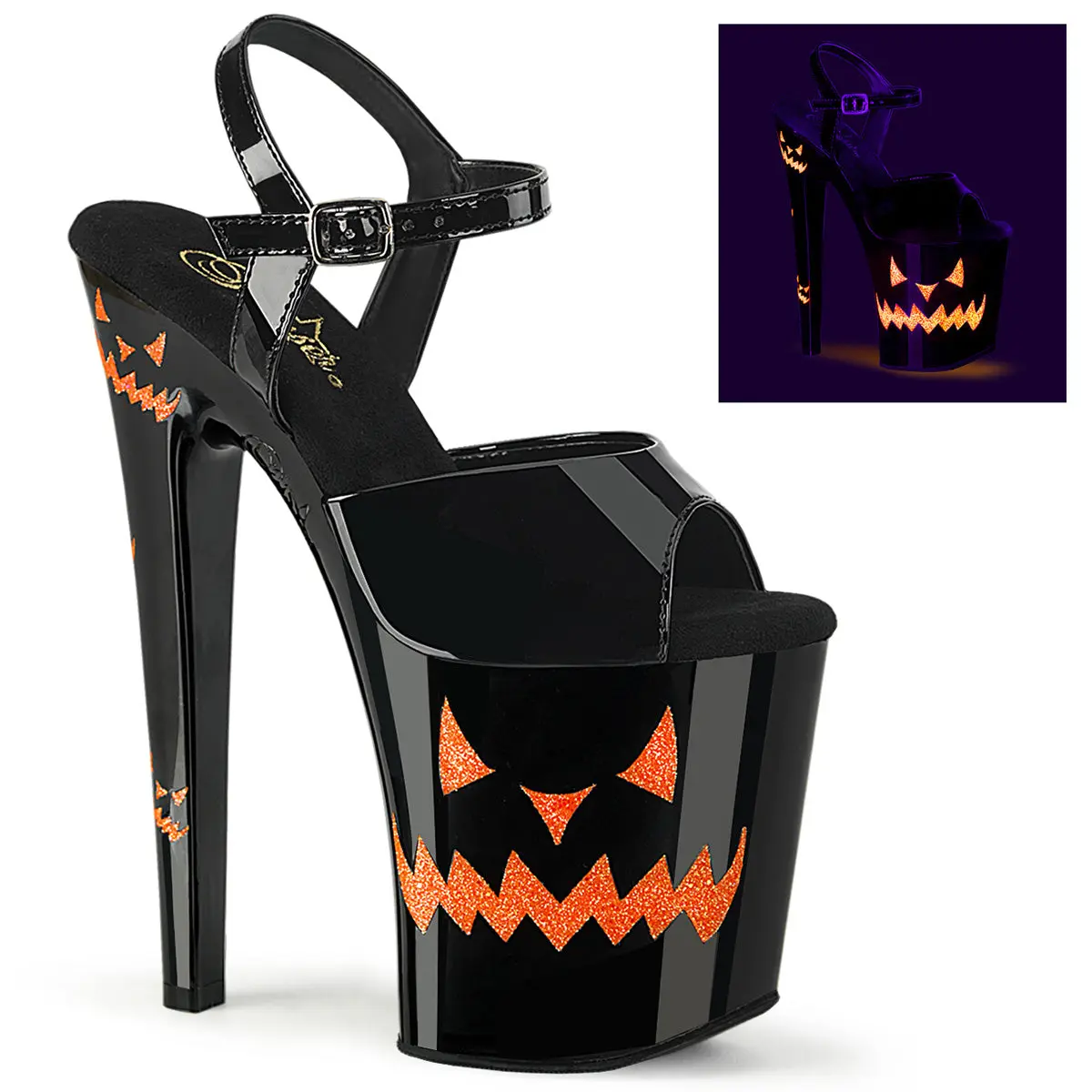 Pleaser Xtreme-809JOL Women's Ankle Strap Sandals, 8" Block Heels & UV Reactive Jack-O-Lanterns, Statement Shoes for a Halloween Aesthetic, Footwear, Platform, Fashion, Uv Blacklight Reactive, 8-Inch Heel