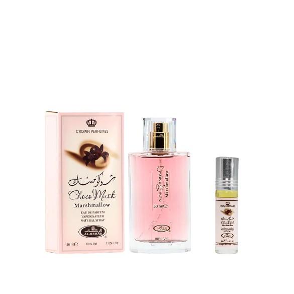 Al Rehab | Crown Perfumes | Choco Musk Marshmallow + Roll Oil Bundle | Eau De Parfum | 50 ML - 1.6 oz | Marshmallow Notes