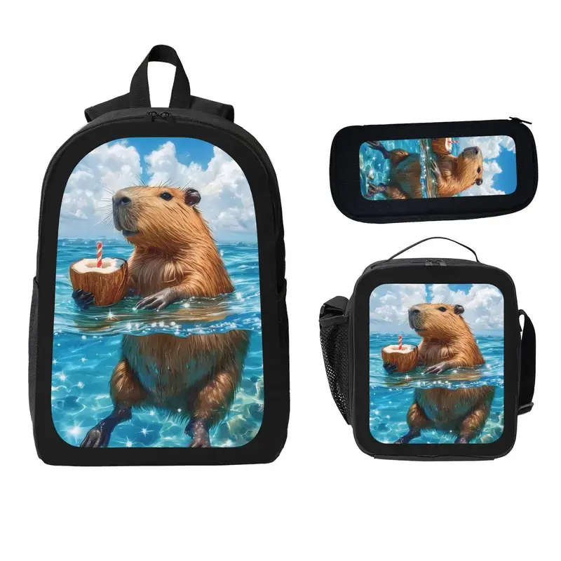 Capybara 3-Pcs Large Capacity Bag Set - 600D Oxford Cloth Teen School Backpack with Lunch Box, Pencil Case, Adjustable Straps, Mesh Back Cushioning, Lightweight, Fits 15-Inch LaptopiPadBooks, for Parks, Outdoor Spo