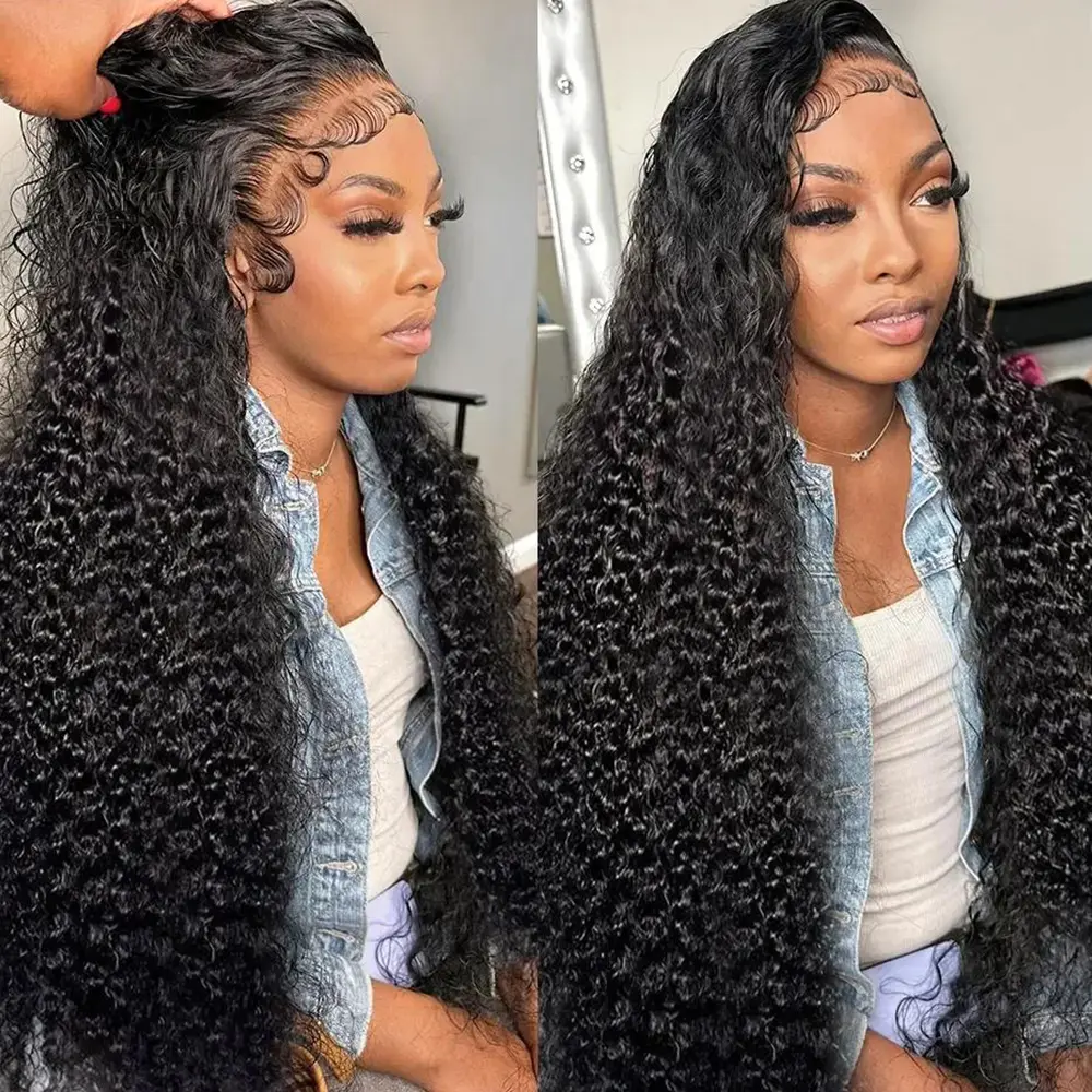 Bling Hair 32inch Kinky Curly Lace Front Wigs Human Hair Pre Plucked 180% Density 13x4 13x6 HD Transparent Lace Frontal Curly Wigs Human Hair Deep Curly Human Hair Wigs For Women Natural Black backtoschool