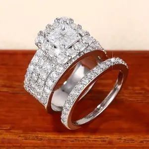 Elegant Stacking Rings Silver Plated Paved Full Of Shining Zirconia Engagement Wedding Ring Evening Party Decor Dupes Luxury Jewelry