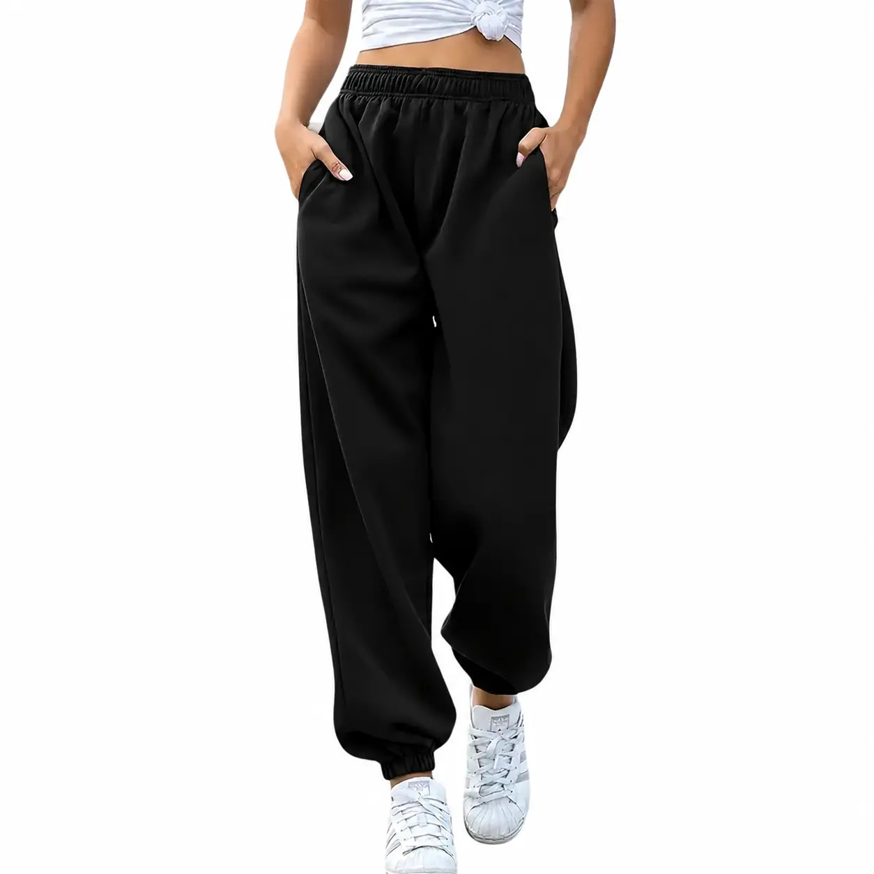 Unisex Sporty Chic Black Jogger Pants - Full Length, Ribbed Ankles, Soft Polyester, Tapered Elastic Waist, Waist Pocket, 0-5XL Sizes, Athleisure Bottoms for Fall Winter Sports, Casual Wear