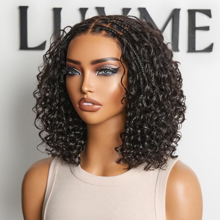 Luvme Boho Braids Deep Curly Glueless 5x5 Closure Pre-Cut Lace Short Curly Human Hair Braided Wig Natural Black