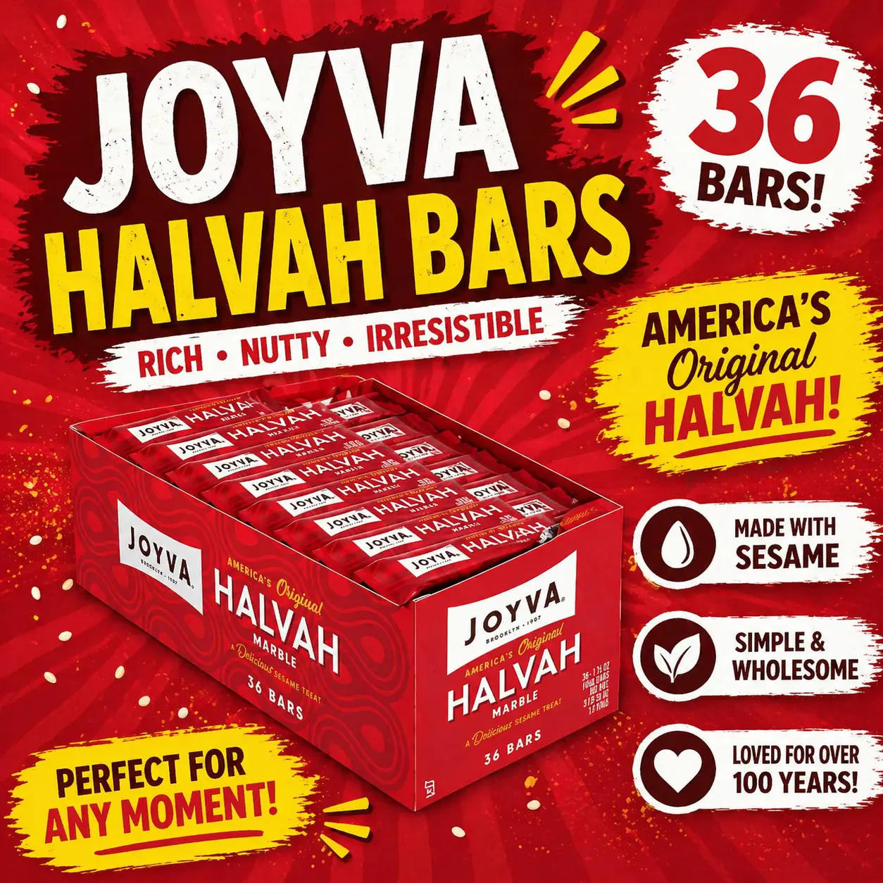 JoyvaJOYVA Marble Halvah Bars 1.75 oz 36 Count  Chocolate & Vanilla Sesame Candy Bars | Individually Wrapped Classic Gourmet Treats