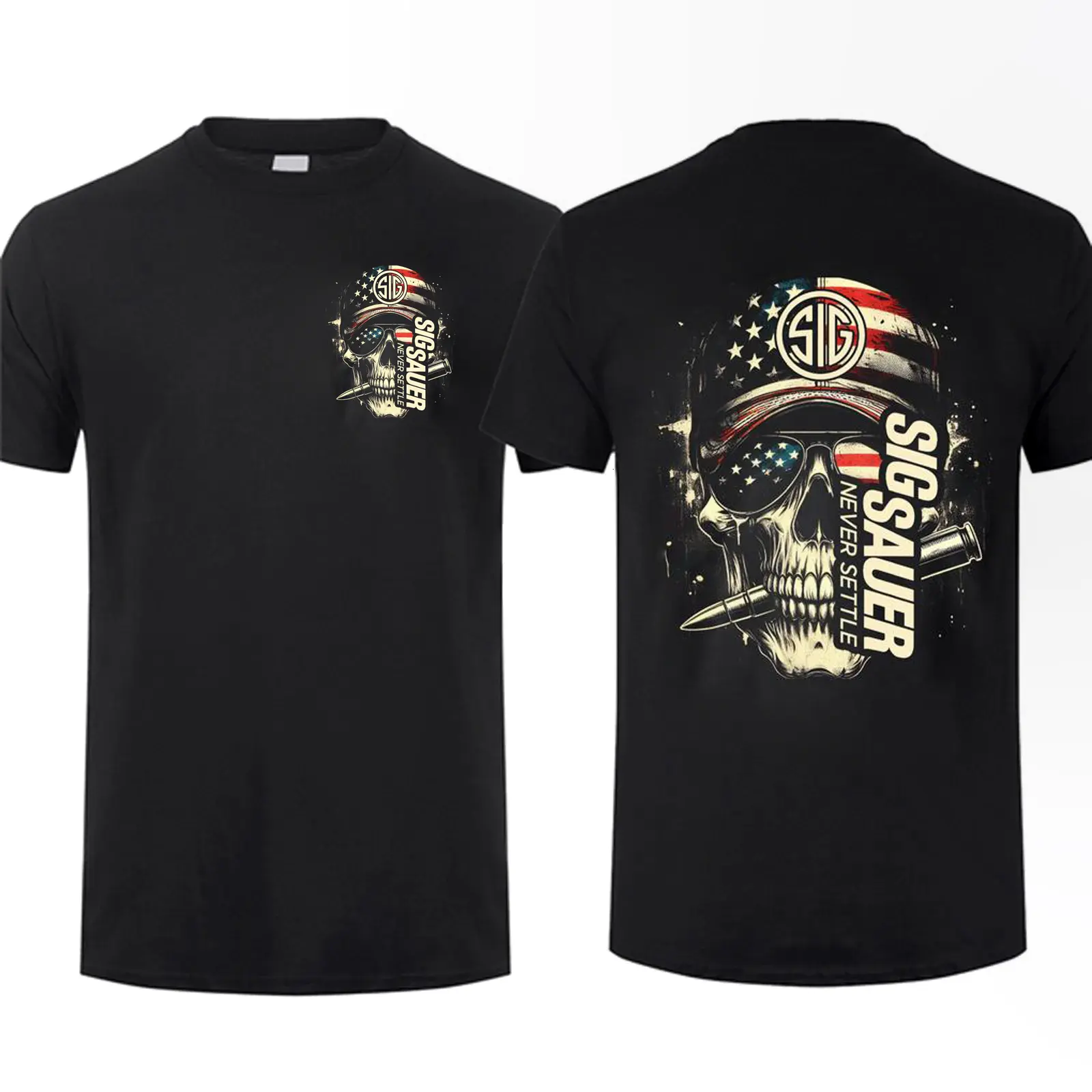 Pure Cotton Patriotic Print Tshirt - Double-Sided American Flag Skull Graphic, Round Neck Short-Sleeve Casual Tee for Range Hobby Lovers (Tactical Range Day, Outdoor Shooting Gift)