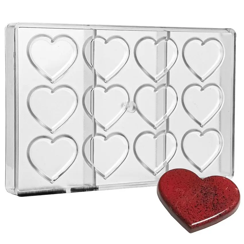 Greyas Luis Amado Clear Polycarbonate Chocolate Mold with 12 Heart Cavities 53mm x 44.9mm x 5.4mm High