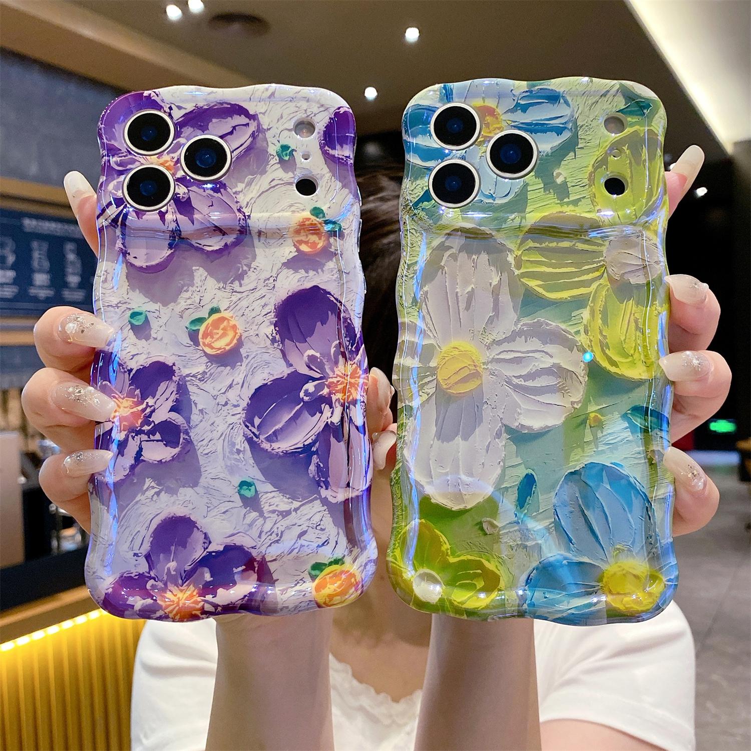Colorful Retro Oil Painting Flower Pattern Compatible with iPhone 17 Pro Max/ 16/15/ 14/13,Pretty Glossy Pattern Wave Cover Cute Sparkly Floral TPU Protective Case for Women and Girl