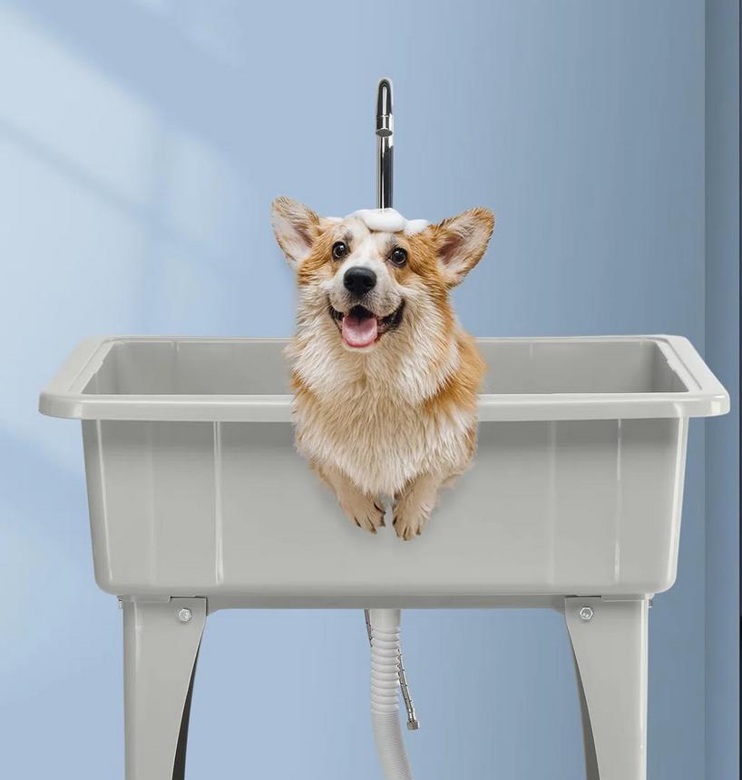 24"D x 40"W x 36"H Multi-functional Washing Sink Laundry Basin with Faucet & Shelf Plastic & Metal Feet for Laundry Room Garage Utility Sink with Drainboard Movable Storage Shelf