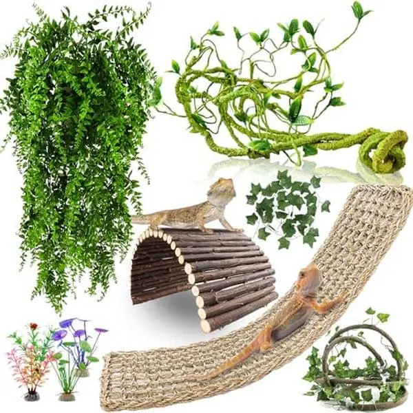 Bearded Dragon Tank Accessories, 10 Pieces Reptile Hammocks, Plants, Bridge, Jungle, Climber, Vines for Snakes, Bearded Dragon, Chameleon, Gecko, Lizard