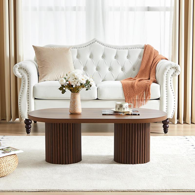 Giratree 39.38" Fluted Oval Coffee Table for Living Room, Boho Modern Coffee Table with Fluted Legs, Curved Round Wood Center Table for Home, Small Spaces, Office