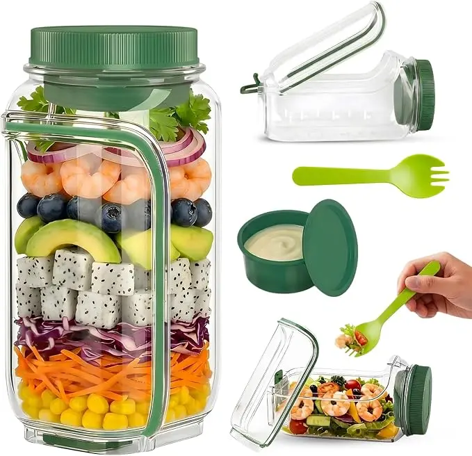 Reusable Plastic Salad Pod Portable Salad Bowl with Leakproof Dressing Container, Lightweight Kitchen Preserving Container with Lid & Fork for Meal Prep, Office Use, Freshness