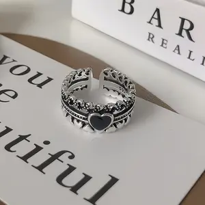 925 Sterling Silver Stylish Multilayer Stackable Bead Heart Adjustable Ring Black Heart Cubic Zirconia Open Ring for Women Jewelry