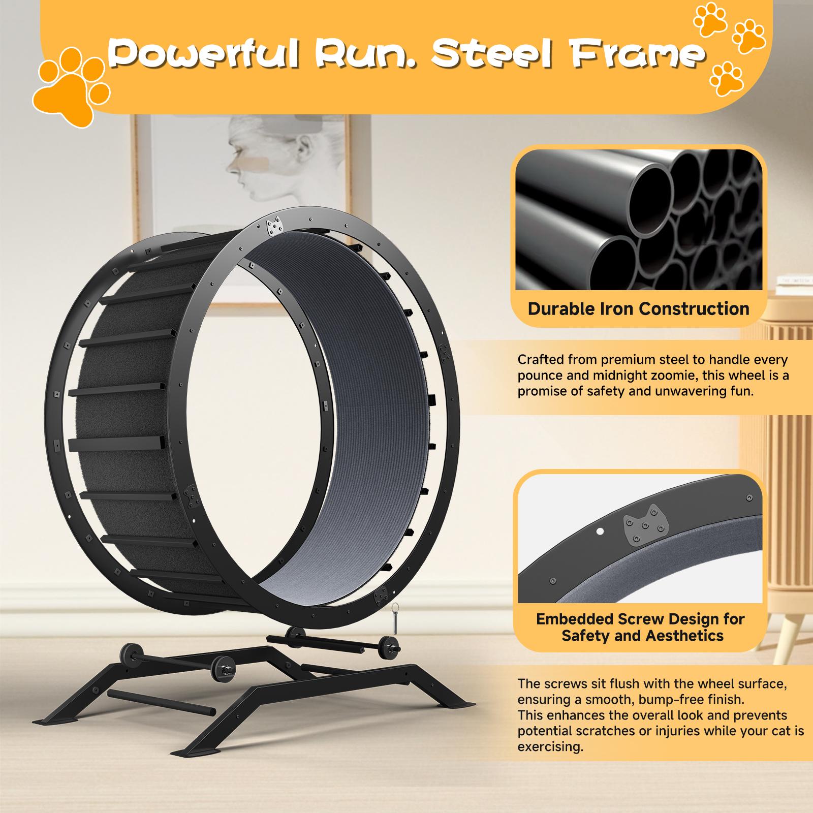 Burn cat energy! COMHOMA Ultra-Quiet Metal Cat Wheel | Sturdy Steel Frame Cat Exercise Wheel with Non-Slip Surface & Safety Lock, Extra-Wide Indoor Cat Treadmill for Weight Loss, Enrichment & All Cat Sizes