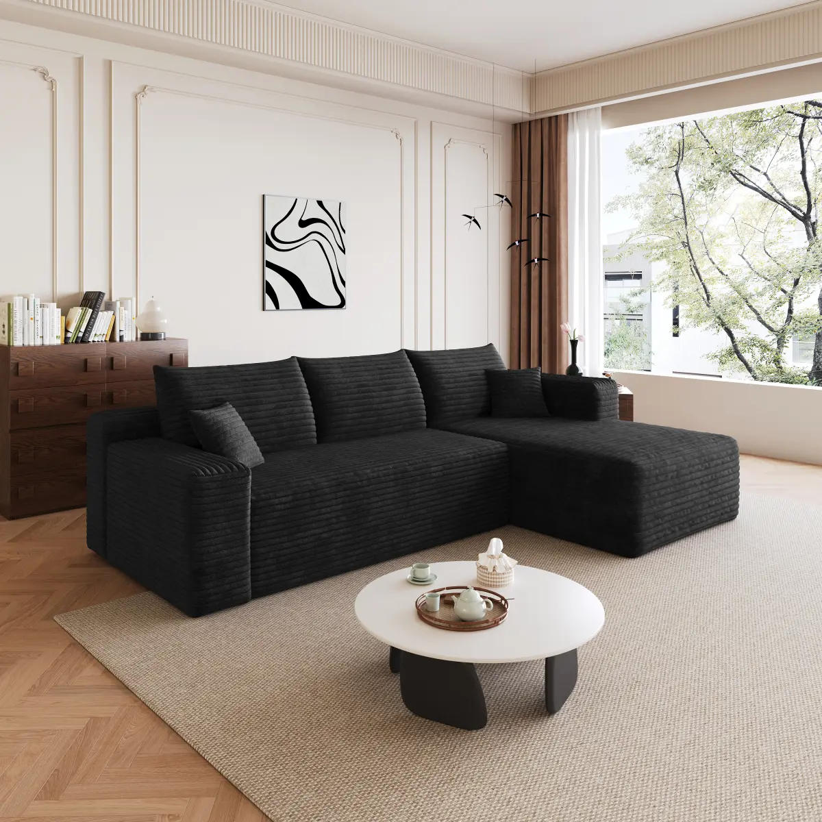 95-Inch Black Plush Corduroy Cloud U-Shaped Sectional Couch - Modern Minimalist Upholstered Deep-Seat Corner Sofa, No Assembly Required, for Apartment Living Room Furniture