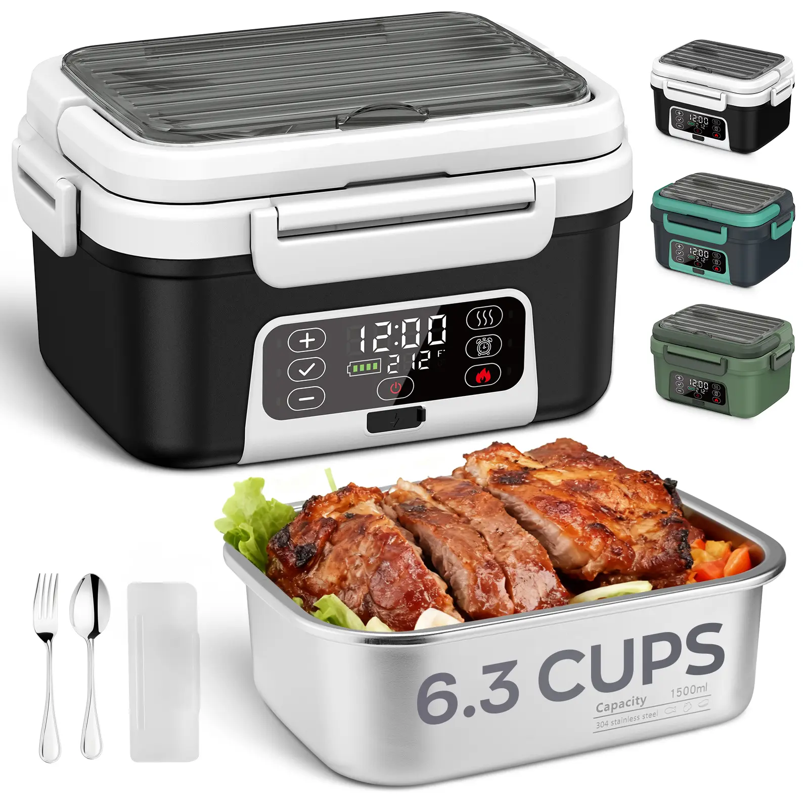 Cordless Electric Heated Lunch Box, 1.5L（6.3Cups） 20000mAh Rechargeable Battery Powered with Automatic Heating, Smart Timer, BPA Free,Including Spoon, Insulated Carry Bag, Removable Tray Divider，
