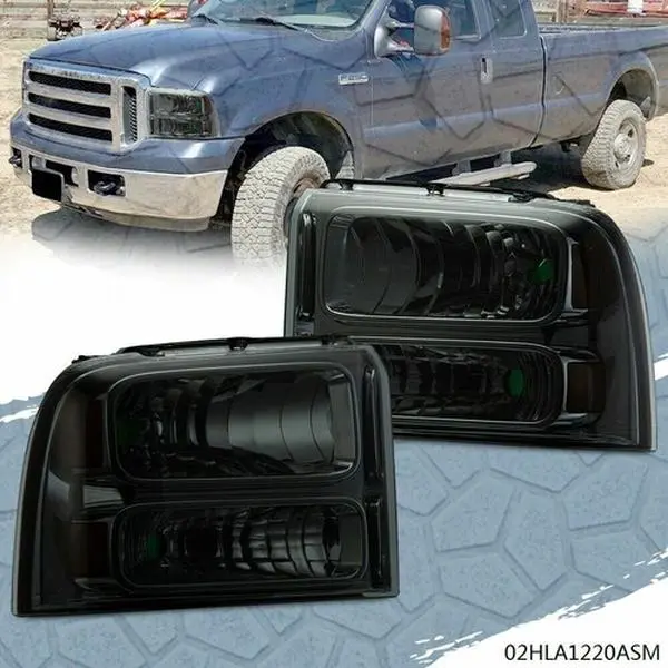 CROSSDESIGN Smoke Lens Headlights Pair Set with Adjusters for 2005-07 Ford F250-F350-F450-F550 Super Duty, Adjustable Beam, Enhanced Visibility, IP65, Car Exterior Upgrade