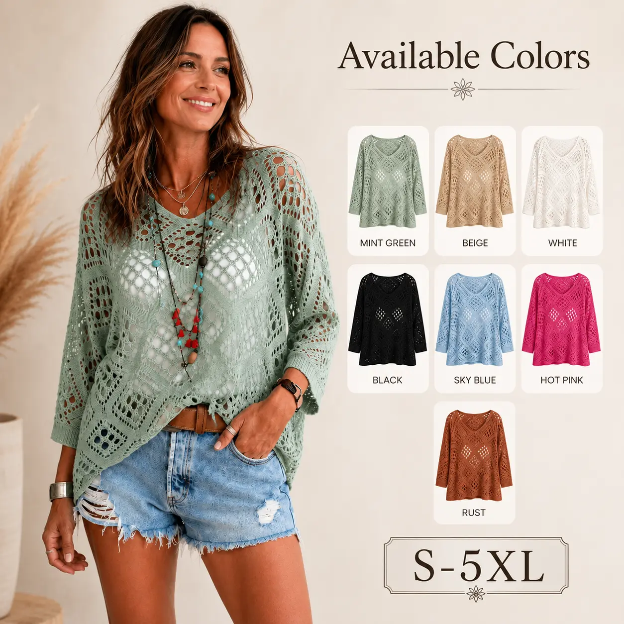 Women's Basic V-Neck Open Knit Crochet Knitwear Top - Loose Batwing 3/4 Sleeve Hollow Out Blouse, Lightweight Breathable Casual Wear for Beach, Fit Sizes S-5XL, 7 Fashion Colors, Crochet Fabric
