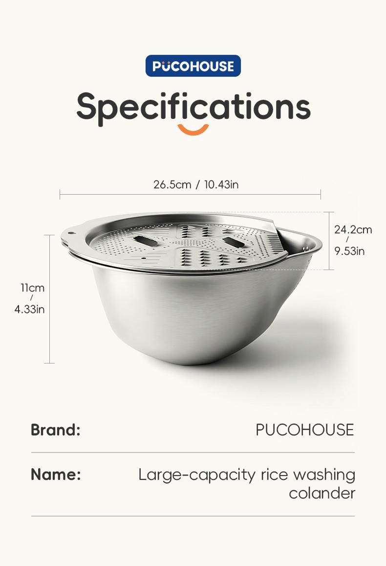 Rice Washer Strainer Bowl with Hook, Stainless Steel Washing Bowl with Side Drain Holes, Rinse Basket for Cleaning Quinoa, Fruits, Vegetables, and Beans – Multifunctional Kitchen Colander