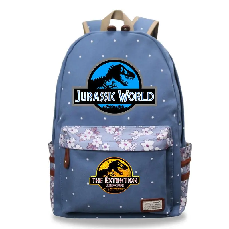 Jurassic World Dinosaur Logo Print Blue Polka Dot Floral Spliced Canvas Backpack Kids Casual School Travel Laptop Daypack