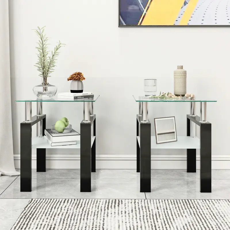 Modern Low Coffee Table Set, 2-Piece Glam Minimalist Tempered Glass Living Room Furniture - Square Top, 17.72"l x 17.72"w x 20.5"h, 150lbs Capacity, Transparent/Black, Clean Aesthetic, Black Accent, Decluttering, Assembly Required, Living Room Decor, Mode